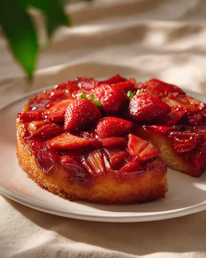 Strawberry Rhubarb Upside Down Cake with vibrant strawberries and rhubarb