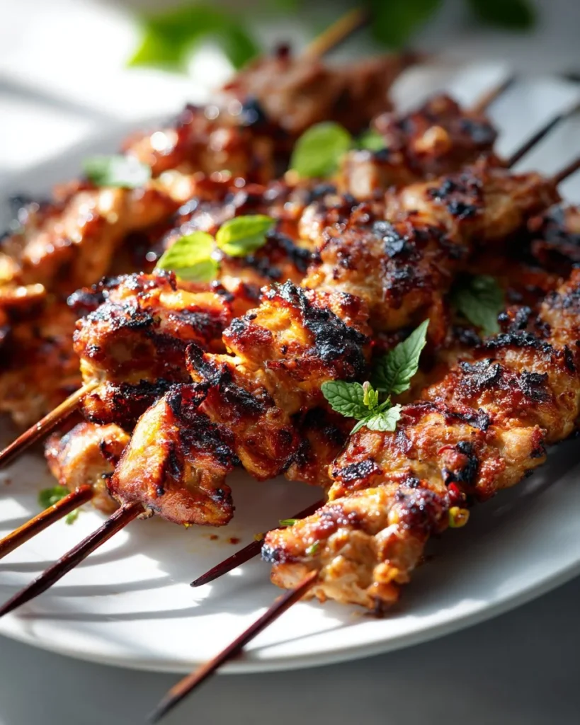 Grilled Thai coconut chicken skewers garnished with herbs and served on a platter