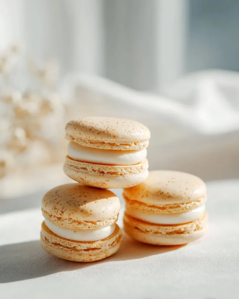 Delicious vanilla macarons on a white plate, perfect for dessert lovers.